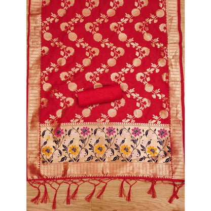 Generic Women's Banarasi Silk Printed Unstitched Salwar Suit Material With Dupatta (Red, 3Mtrs)