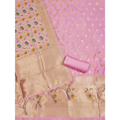 Generic Women's Banarasi Silk Printed Unstitched Salwar Suit Material With Dupatta (Pink, 3Mtrs)