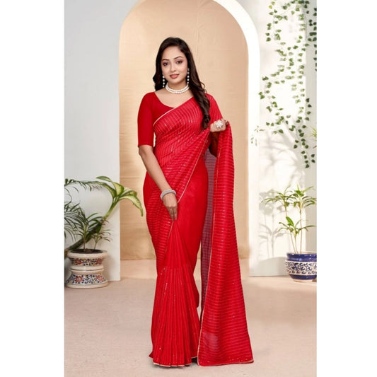 Generic Women's Vichitra Silk Striped Saree With Unstitched Blouse 5.5Mtr (Red)