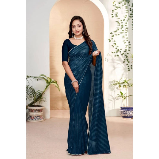 Generic Women's Vichitra Silk Striped Saree With Unstitched Blouse 5.5Mtr (Blue)