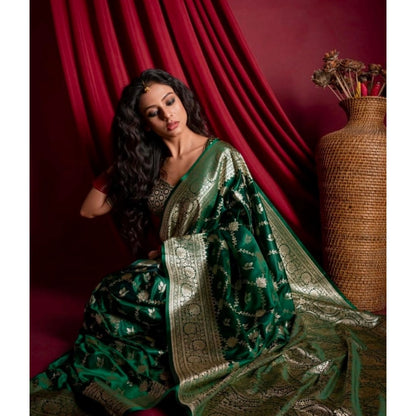 Generic Women's Silk Printed Saree With Unstitched Blouse 5.5Mtr (Dark Green)