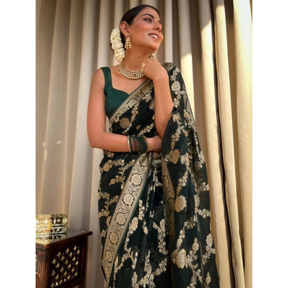 Generic Women's Silk Printed Saree With Unstitched Blouse 5.5Mtr (Dark Green)