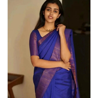 Generic Women's Silk Printed Saree With Unstitched Blouse 5.5Mtr (Blue)