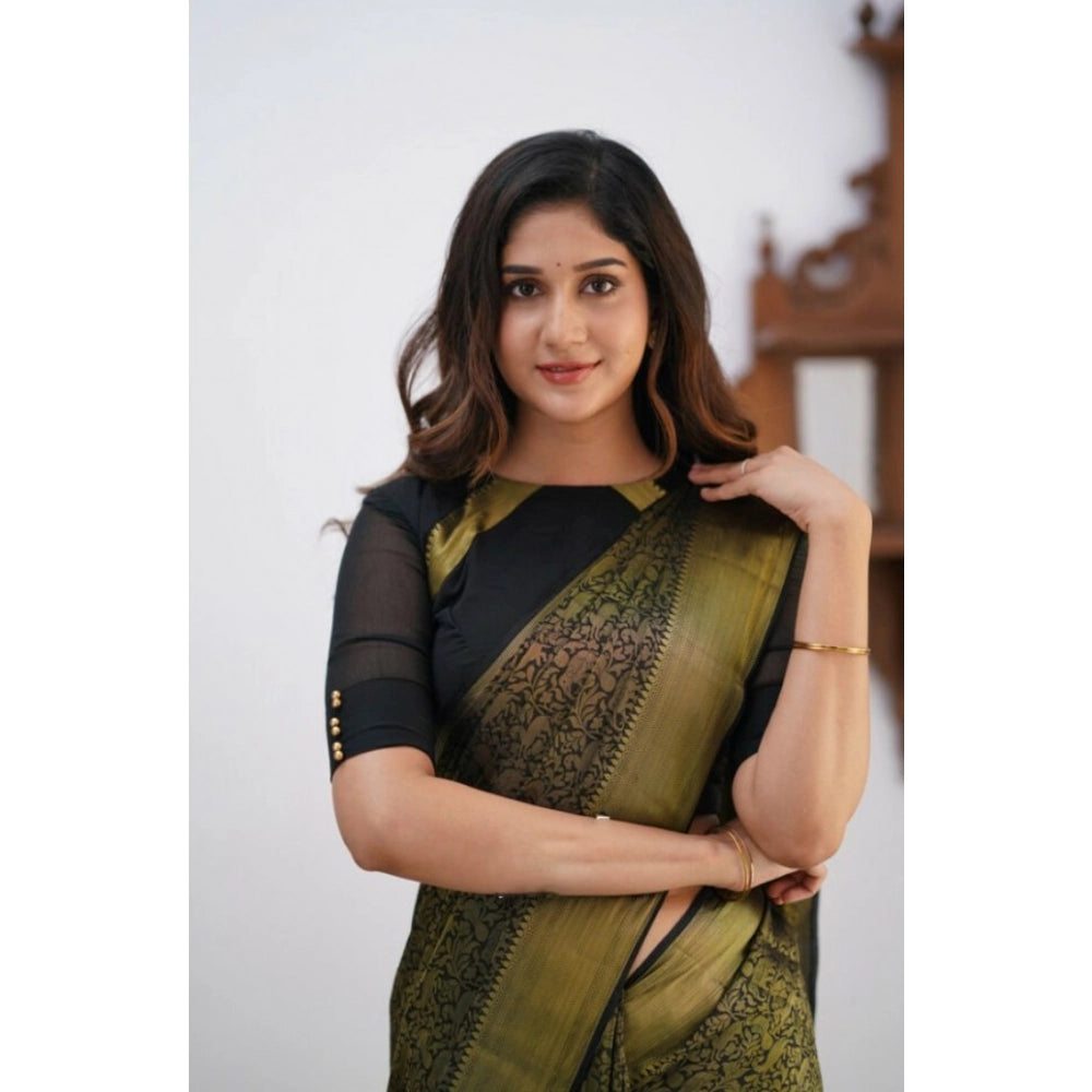 Generic Women's Silk Printed Saree With Unstitched Blouse 5.5Mtr (Black)