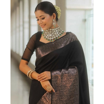 Generic Women's Silk Printed Saree With Unstitched Blouse 5.5Mtr (Black)