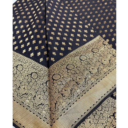 Generic Women's Silk Printed Saree With Unstitched Blouse 5.5Mtr (Black)