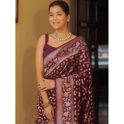 Generic Women's Silk Printed Saree With Unstitched Blouse 5.5Mtr (Maroon)