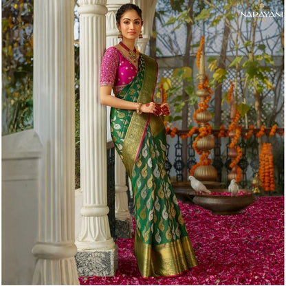 Generic Women's Silk Printed Saree With Unstitched Blouse 5.5Mtr (Green)