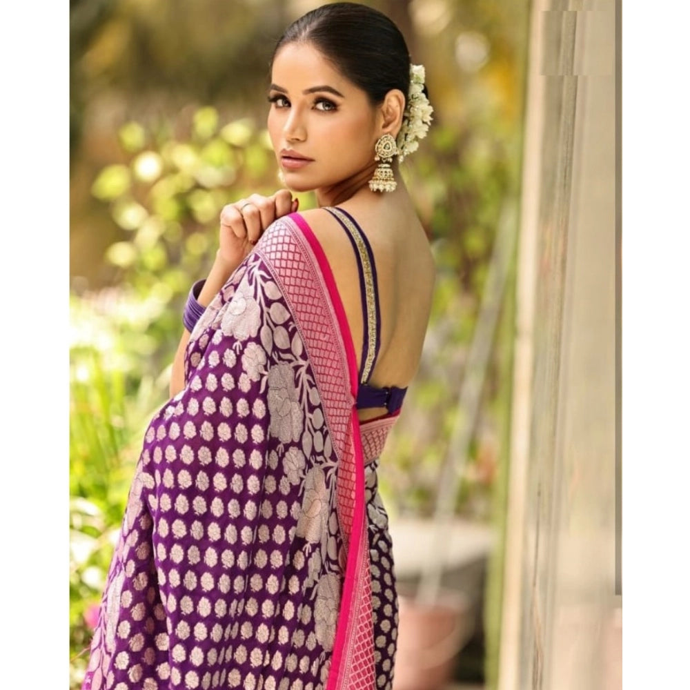 Generic Women's Silk Printed Saree With Unstitched Blouse 5.5Mtr (Purple)