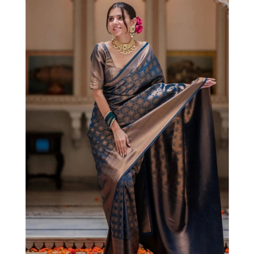 Generic Women's Silk Printed Saree With Unstitched Blouse 5.5Mtr (Blue)