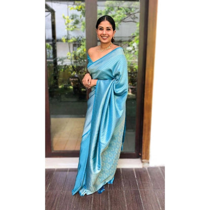 Generic Women's Silk Printed Saree With Unstitched Blouse 5.5Mtr (Sky Blue)