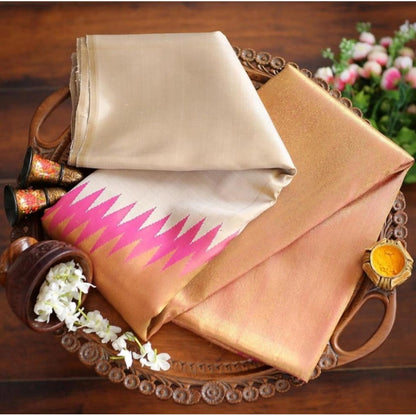 Generic Women's Silk Printed Saree With Unstitched Blouse 5.5Mtr (Cream)