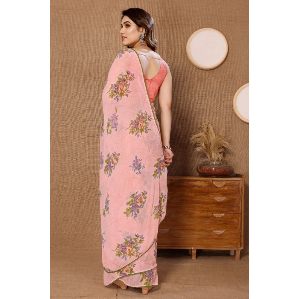 Generic Women's Small Lace Georgette Printed Ready-to-Wear Saree With Unstitched Blouse 5.5 Mtr (Peach)