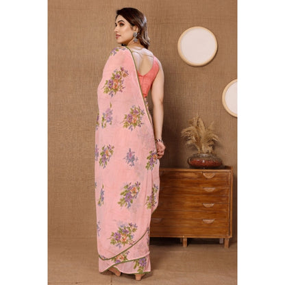 Generic Women's Small Lace Georgette Printed Ready-to-Wear Saree With Unstitched Blouse 5.5 Mtr (Peach)