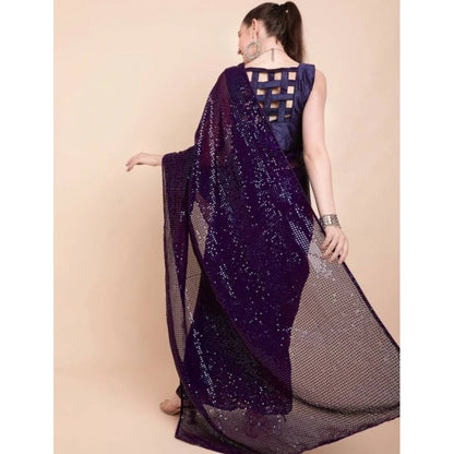 Generic Women's Georgette Embellished Sequnece Bollywood Saree With Unstitched Blouse 5.5Mtr (Purple)
