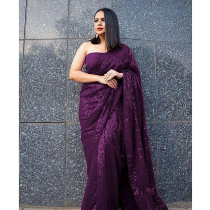 Generic Women's Georgette Embellished Sequnece Bollywood Saree With Unstitched Blouse 5.5Mtr (Purple)