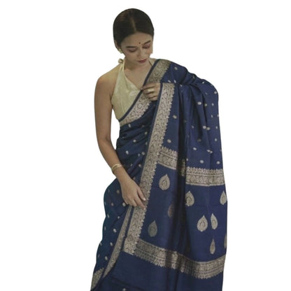 Generic Women's Cotton  Printed Saree With Unstitched Blouse 5.5Mtr (Navy Blue)