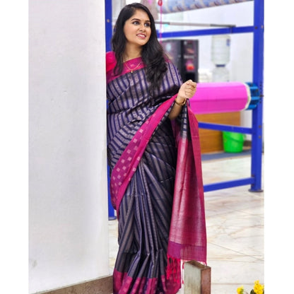 Generic Women's Silk Printed Saree With Unstitched Blouse 5.5Mtr (Navy Blue)