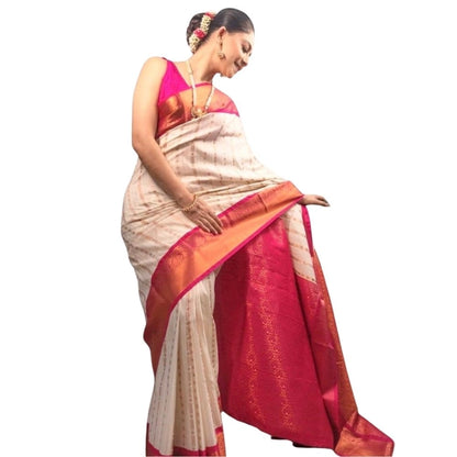 Generic Women's Silk Printed Saree With Unstitched Blouse 5.5Mtr (White-Pink)