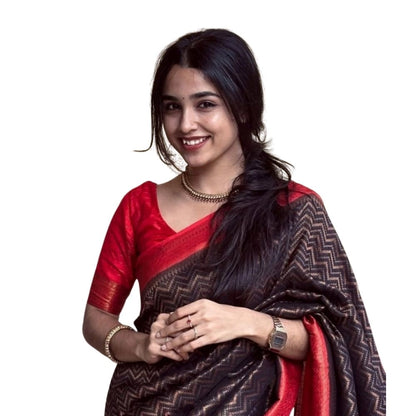 Generic Women's Silk Printed Saree With Unstitched Blouse 5.5Mtr (Brown)