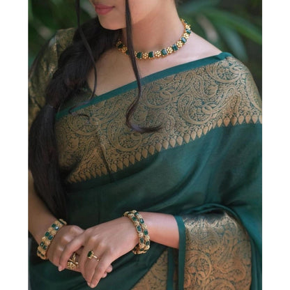 Generic Women's Soft Lichi Silk Solid Saree With Unstitched Blouse 5.5Mtr (Green)