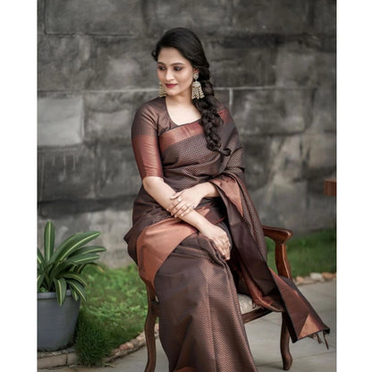 Generic Women's Soft Lichi Silk Printed Saree With Unstitched Blouse 5.5Mtr (Brown)