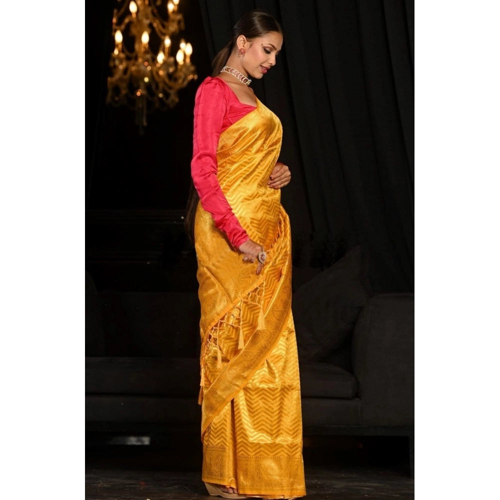 Generic Women's Soft Lichi Silk Woven Saree With Unstitched Blouse 5.5Mtr (Yellow)