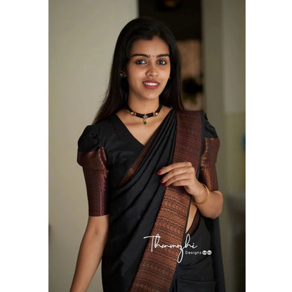 Generic Women's Soft Lichi Silk Solid Saree With Unstitched Blouse 5.5Mtr (Black)