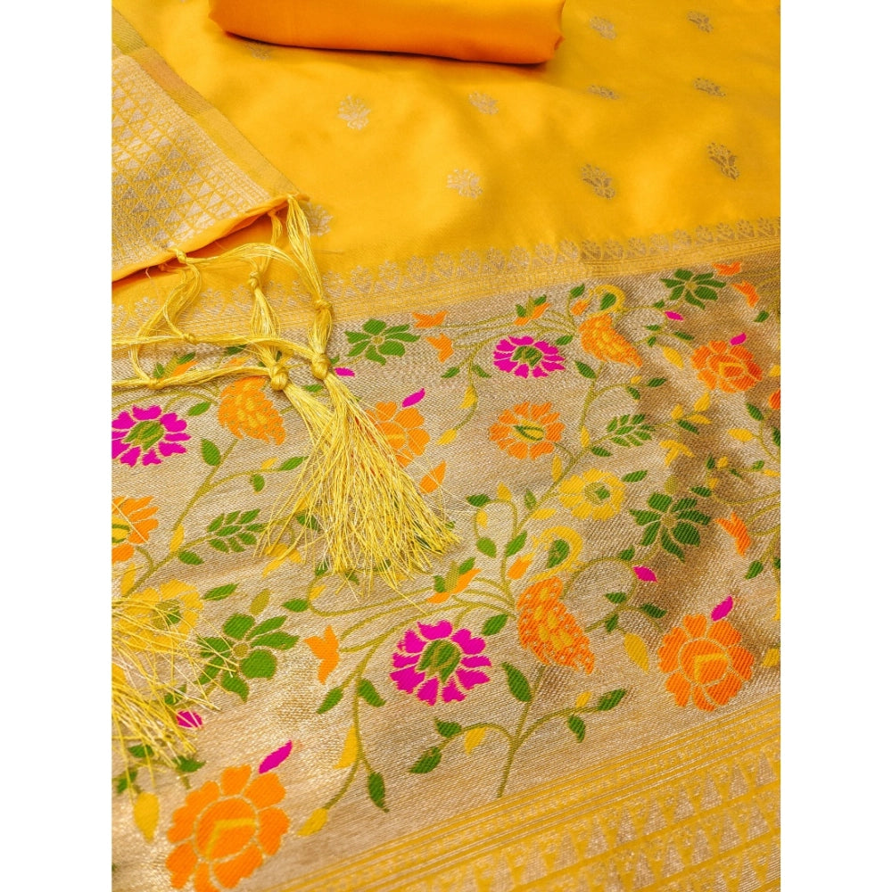 Generic Women's Banarasi Silk Printed Unstitched Salwar Suit Material With Dupatta (Yellow, 3Mtrs)