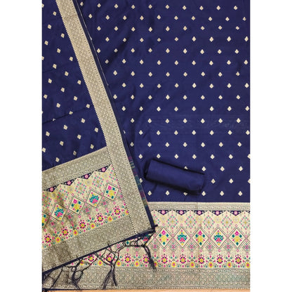 Generic Women's Banarasi Silk Printed Unstitched Salwar Suit Material With Dupatta (Navy Blue, 3Mtrs)