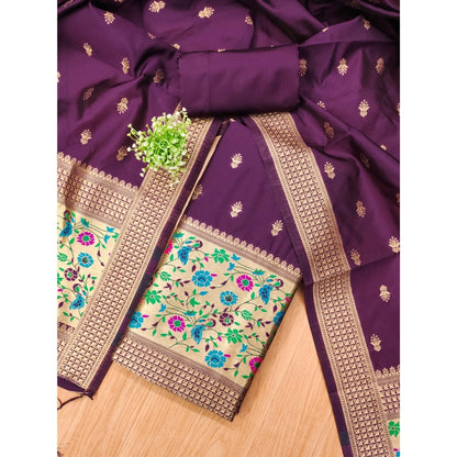 Generic Women's Banarasi Silk Printed Unstitched Salwar Suit Material With Dupatta (Wine, 3Mtrs)