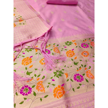 Generic Women's Banarasi Silk Printed Unstitched Salwar Suit Material With Dupatta (Light Pink, 3Mtrs)