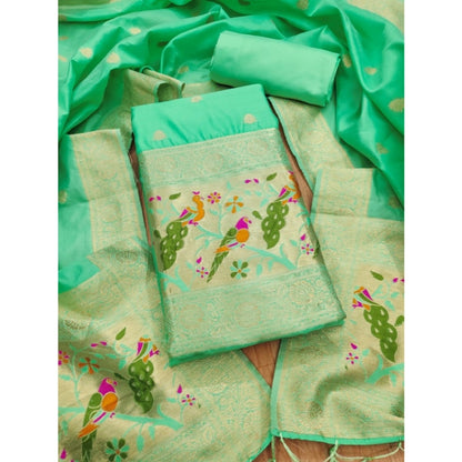 Generic Women's Banarasi Silk Printed Unstitched Salwar Suit Material With Dupatta (Sea Green, 3Mtrs)