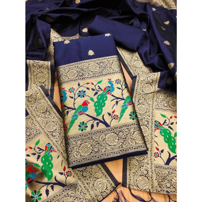 Generic Women's Banarasi Silk Printed Unstitched Salwar Suit Material With Dupatta (Navy Blue, 3Mtrs)