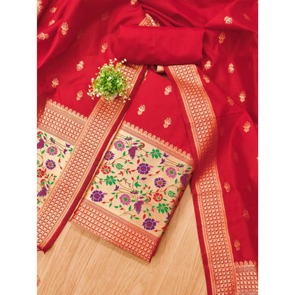 Generic Women's Banarasi Silk Printed Unstitched Salwar Suit Material With Dupatta (Red, 3Mtrs)