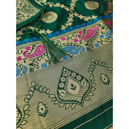 Generic Women's Banarasi Silk Printed Unstitched Salwar Suit Material With Dupatta (Bottle Green, 3Mtrs)