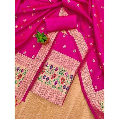 Generic Women's Banarasi Silk Printed Unstitched Salwar Suit Material With Dupatta (Pink, 3Mtrs)