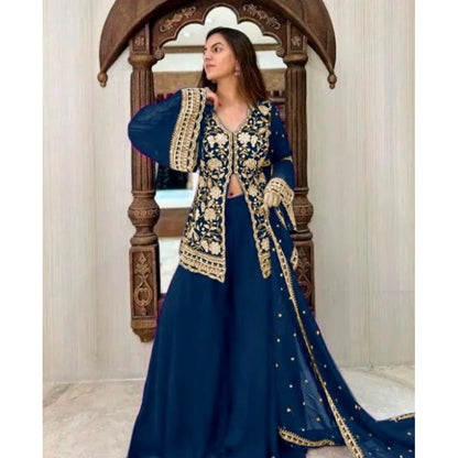 Generic Women's Georgette Embroidery 3-4th Sleeve V-Neck Kurti, Palazzo And Dupatta Set (Morpich)
