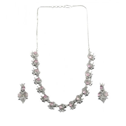 Generic Women's Brass Silver Plated Necklace set (Pink)