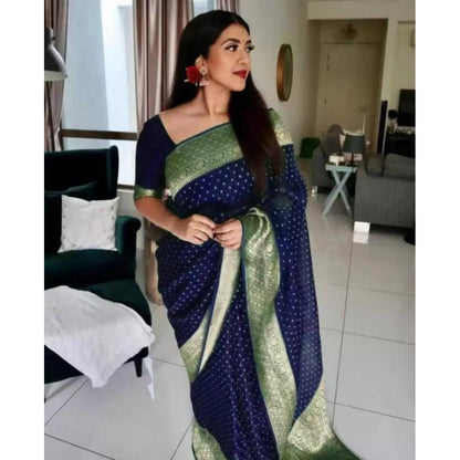 Generic Women's Litchi silk Printed Saree With Unstitched Blouse (Blue)