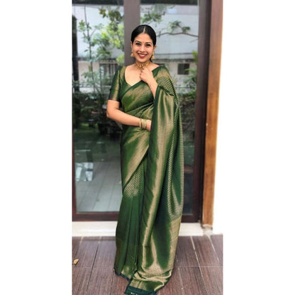 Generic Women's Litchi silk Printed Saree With Unstitched Blouse (Green)