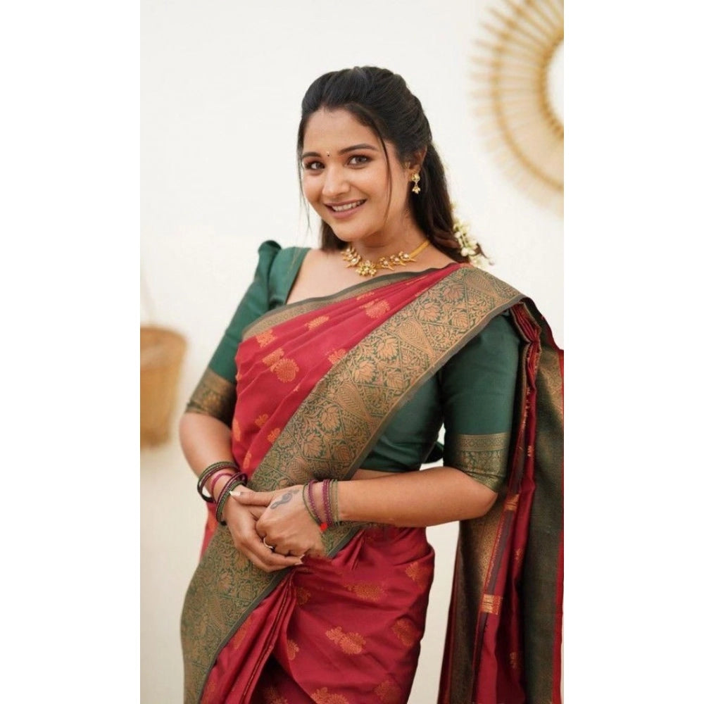Generic Women's Litchi silk Printed Saree With Unstitched Blouse (Red)