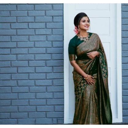 Generic Women's Litchi silk Printed Saree With Unstitched Blouse (Green)
