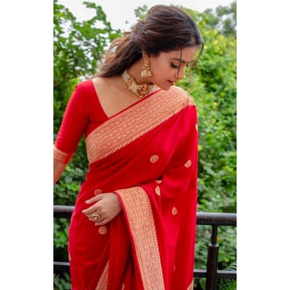 Generic Women's Litchi silk Printed Saree With Unstitched Blouse (Red)