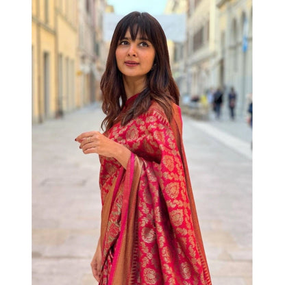 Generic Women's Litchi silk Printed Saree With Unstitched Blouse (Red)