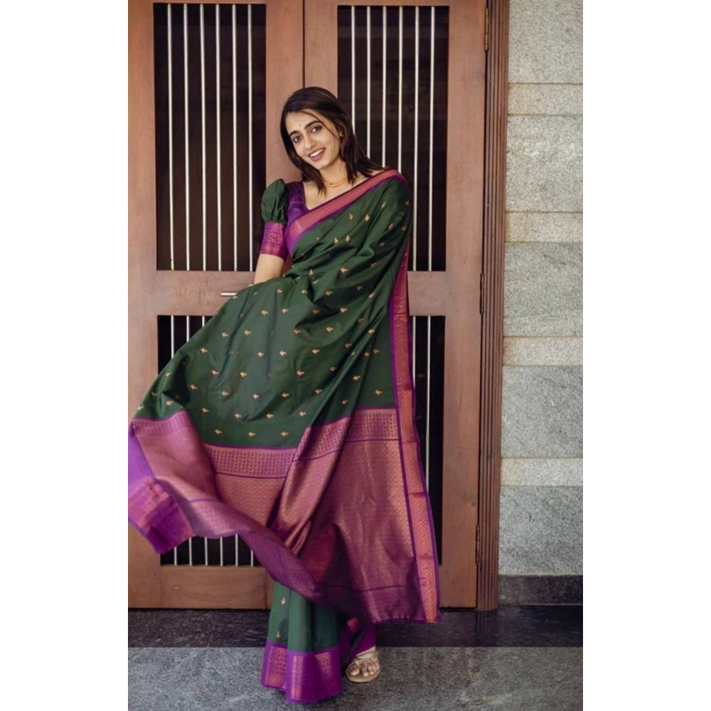 Generic Women's Litchi silk Printed Saree With Unstitched Blouse (Dark Green)