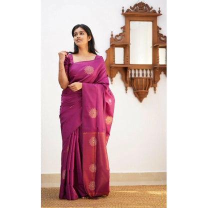 Generic Women's Litchi silk Printed Saree With Unstitched Blouse (Dark Pink)