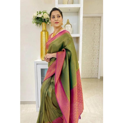 Generic Women's Soft Lichi Silk Printed Saree With Unstitched Blouse 5.5Mtr (Mehndi-Green)