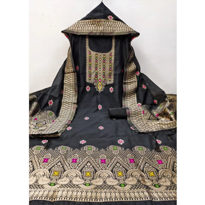 Generic Women's Banarasi Silk Printed Unstitched Salwar Suit Material With Dupatta (Black, 3Mtrs)