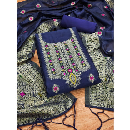 Generic Women's Banarasi Silk Printed Unstitched Salwar Suit Material With Dupatta (Navy Blue, 3Mtrs)